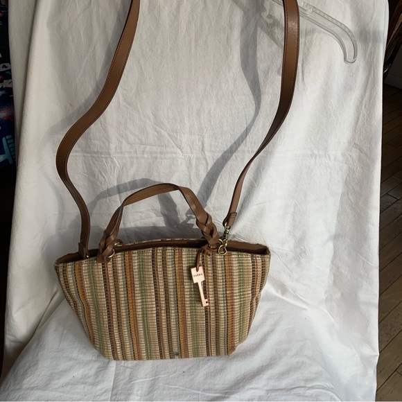 Elegant Fossils Tan and Brown Striped Shoulder Bag - Picture 1 of 9